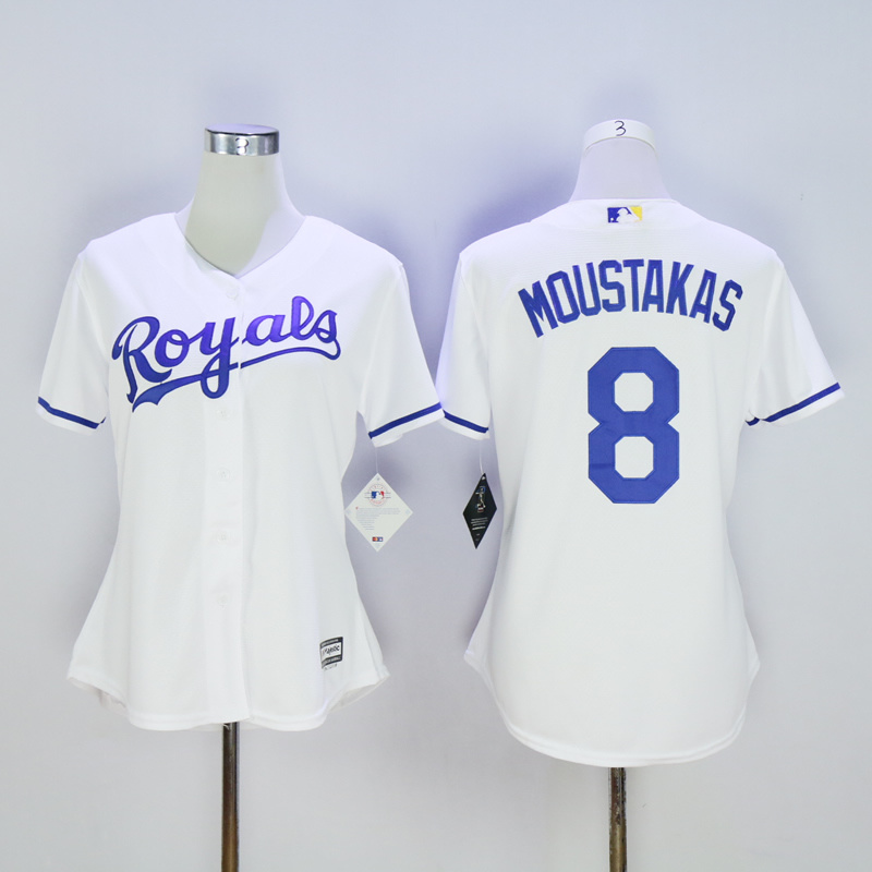 Women Kansas City Royals #8 Moustakas White MLB Jerseys->women mlb jersey->Women Jersey